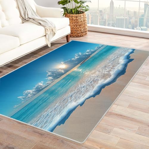 AMXBZC Teppich Wohnzimmer Schlafzimmer Kurzflor Natürlicher Strandlandschaftsteppich Skandinavisches Boho Muster,Geometrisch Motiv Einfarbig Weich Modern Waschbar Teppiche(blau)-60x90cm von AMXBZC