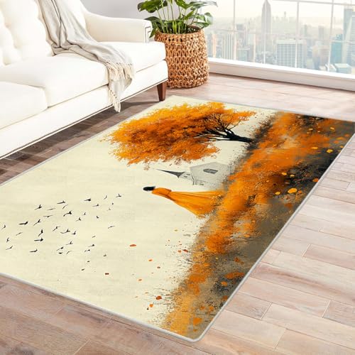 AMXBZC Teppich Wohnzimmer Schlafzimmer Kurzflor Natur Baum Mädchen Muster Skandinavisches Boho Muster,Geometrisch Motiv Einfarbig Weich Modern Waschbar Teppiche(Gelb)-120x150cm von AMXBZC