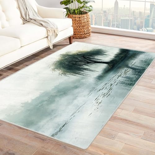 AMXBZC Teppich Wohnzimmer Schlafzimmer Kurzflor Natur Seeufer Bäume Landschaft Waschbar Muster Weich rutschfest Moderne Deko, Kinderzimmer Esszimmer Foyer Küchenteppich(Grün 29)-90x120cm von AMXBZC