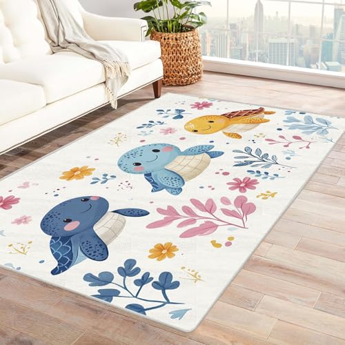 AMXBZC Teppich Wohnzimmer Schlafzimmer Kurzflor Niedliche Meerestiere Blumen Waschbar Muster Weich rutschfest Moderne Deko, Kinderzimmer Esszimmer Foyer Küchenteppich(Blau 9)-90x150cm von AMXBZC