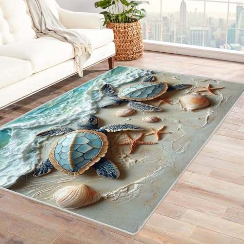 AMXBZC Teppich Wohnzimmer Schlafzimmer Kurzflor Niedliche Meerestiere Muscheln Skandinavisches Boho Muster,Geometrisch Motiv Einfarbig Weich Modern Waschbar Teppiche(blau)-210x270cm von AMXBZC