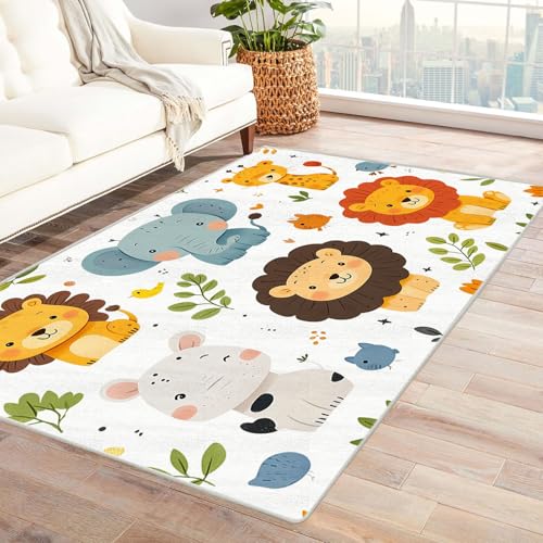 AMXBZC Teppich Wohnzimmer Schlafzimmer Kurzflor Niedliche Waldlöwenkinder Skandinavisches Boho Muster,Geometrisch Motiv Einfarbig Weich Modern Waschbar Teppiche(Gelb 44)-150x240cm von AMXBZC