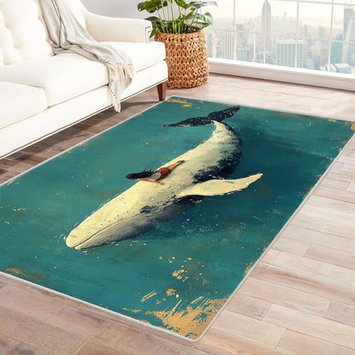 AMXBZC Teppich Wohnzimmer Schlafzimmer Kurzflor Niedliches Mädchen Delfinmuster Skandinavisches Boho Muster,Geometrisch Motiv Einfarbig Weich Modern Waschbar Teppiche(blau)-210x300cm von AMXBZC