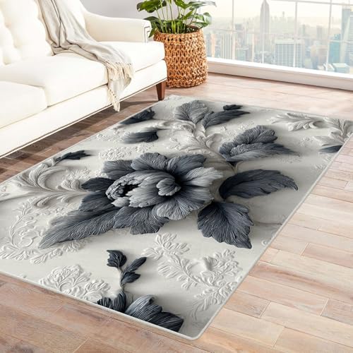 AMXBZC Teppich Wohnzimmer Schlafzimmer Kurzflor Retro Abstrakte Blumen Skandinavisches Boho Muster,Geometrisch Motiv Einfarbig Weich Modern Waschbar Teppiche(grau)-150x210cm von AMXBZC