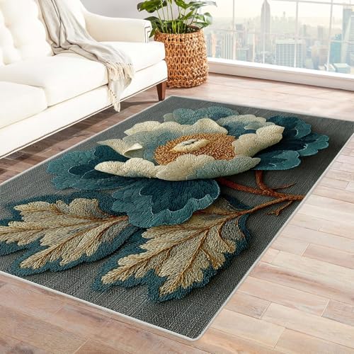 AMXBZC Teppich Wohnzimmer Schlafzimmer Kurzflor Retro Blumenmuster Skandinavisches Boho Muster,Geometrisch Motiv Einfarbig Weich Modern Waschbar Teppiche(grau)-150x180cm von AMXBZC