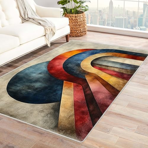 AMXBZC Teppich Wohnzimmer Schlafzimmer Kurzflor Retro-Farbmuster Skandinavisches Boho Muster,Geometrisch Motiv Einfarbig Weich Modern Waschbar Teppiche(grau)-90x120cm von AMXBZC