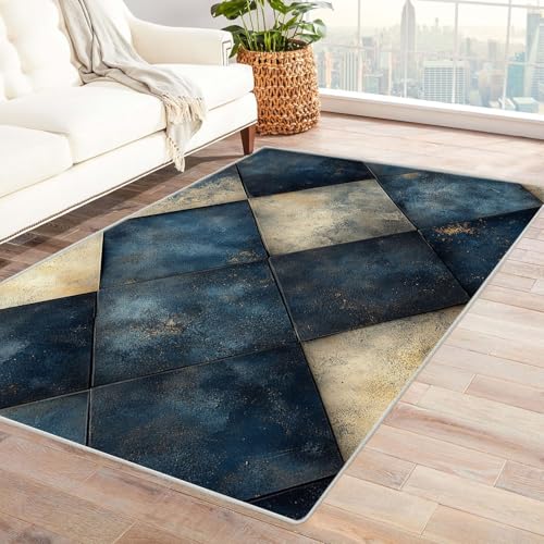AMXBZC Teppich Wohnzimmer Schlafzimmer Kurzflor Retro Geometrisches Muster Waschbar Muster Weich rutschfest Moderne Deko, Kinderzimmer Esszimmer Foyer Küchenteppich(Blau 9)-210x270cm von AMXBZC