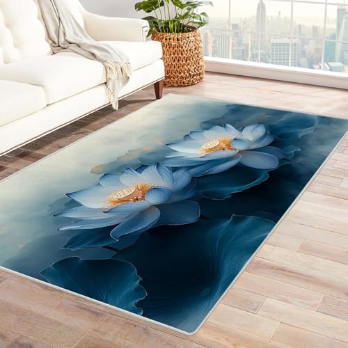 AMXBZC Teppich Wohnzimmer Schlafzimmer Kurzflor Retro Graffiti Blumen Skandinavisches Boho Muster,Geometrisch Motiv Einfarbig Weich Modern Waschbar Teppiche(Blau 34)-60x90cm von AMXBZC