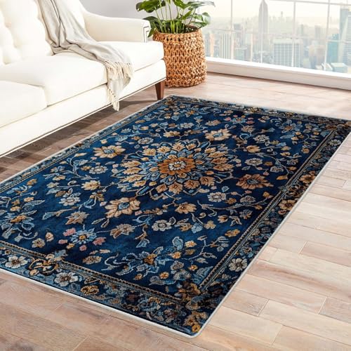 AMXBZC Teppich Wohnzimmer Schlafzimmer Kurzflor Retro Schöne Blumen Skandinavisches Boho Muster,Geometrisch Motiv Einfarbig Weich Modern Waschbar Teppiche(Blau 4)-60x90cm von AMXBZC