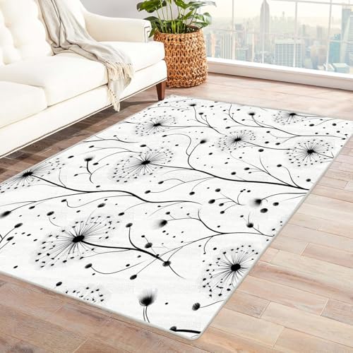 AMXBZC Teppich Wohnzimmer Schlafzimmer Kurzflor Retro natürliches Pflanzenmuster Skandinavisches Boho Muster,Geometrisch Motiv Einfarbig Weich Modern Waschbar Teppiche(schwarz)-60x90cm von AMXBZC