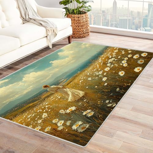AMXBZC Teppich Wohnzimmer Schlafzimmer Kurzflor Schöne Mädchen Landschaftsteppiche Waschbar Muster Weich rutschfest Moderne Deko, Kinderzimmer Esszimmer Foyer Küchenteppich(Gelb)-60x90cm von AMXBZC