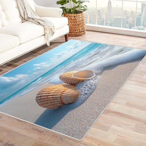 AMXBZC Teppich Wohnzimmer Schlafzimmer Kurzflor Schöne Strandmuscheln Skandinavisches Boho Muster,Geometrisch Motiv Einfarbig Weich Modern Waschbar Teppiche(blau)-150x240cm von AMXBZC