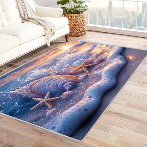 AMXBZC Teppich Wohnzimmer Schlafzimmer Kurzflor Schöne Strandmuscheln Skandinavisches Boho Muster,Geometrisch Motiv Einfarbig Weich Modern Waschbar Teppiche(lila)-90x150cm von AMXBZC