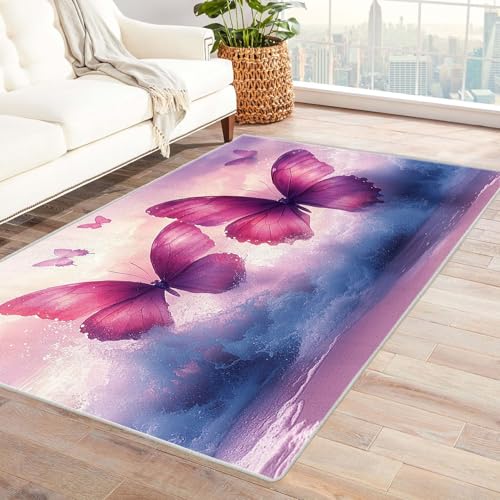 AMXBZC Teppich Wohnzimmer Schlafzimmer Kurzflor Schöne Strandtiere Waschbar Muster Weich rutschfest Moderne Deko, Kinderzimmer Esszimmer Foyer Küchenteppich(lila)-90x120cm von AMXBZC