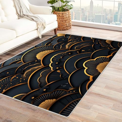 AMXBZC Teppich Wohnzimmer Schlafzimmer Kurzflor Schwarzer geometrischer Teppich Skandinavisches Boho Muster,Geometrisch Motiv Einfarbig Weich Modern Waschbar Teppiche(Golden)-150x240cm von AMXBZC