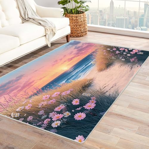 AMXBZC Teppich Wohnzimmer Schlafzimmer Kurzflor Strand Natürliche Blumen Waschbar Muster Weich rutschfest Moderne Deko, Kinderzimmer Esszimmer Foyer Küchenteppich(lila)-90x120cm von AMXBZC