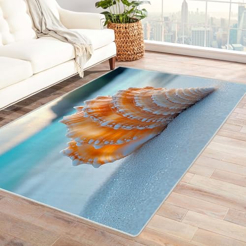 AMXBZC Teppich Wohnzimmer Schlafzimmer Kurzflor Strand Ozean Muscheln Waschbar Muster Weich rutschfest Moderne Deko, Kinderzimmer Esszimmer Foyer Küchenteppich(Orange)-240x300cm von AMXBZC