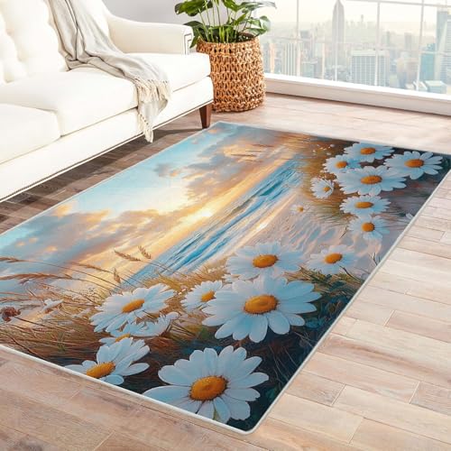 AMXBZC Teppich Wohnzimmer Schlafzimmer Kurzflor Strand Schöne Blumen Skandinavisches Boho Muster,Geometrisch Motiv Einfarbig Weich Modern Waschbar Teppiche(weiß)-60x90cm von AMXBZC