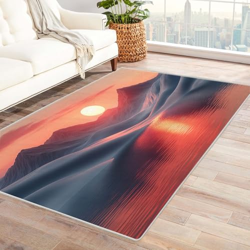 AMXBZC Teppich Wohnzimmer Schlafzimmer Kurzflor Strand See Sonnenuntergang Muster Skandinavisches Boho Muster,Geometrisch Motiv Einfarbig Weich Modern Waschbar Teppiche(rot)-90x120cm von AMXBZC