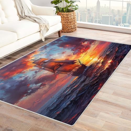 AMXBZC Teppich Wohnzimmer Schlafzimmer Kurzflor Strand-Sonnenuntergangs-Szenerie Skandinavisches Boho Muster,Geometrisch Motiv Einfarbig Weich Modern Waschbar Teppiche(lila)-150x210cm von AMXBZC