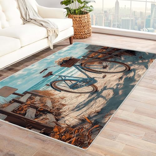 AMXBZC Teppich Wohnzimmer Schlafzimmer Kurzflor Strandauto Blumen Muster Teppiche Skandinavisches Boho Muster,Geometrisch Motiv Einfarbig Weich Modern Waschbar Teppiche(Blau)-60x90cm von AMXBZC