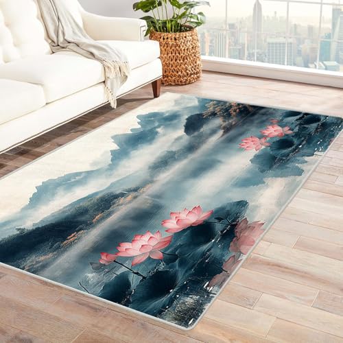 AMXBZC Teppich Wohnzimmer Schlafzimmer Kurzflor Tinte Landschaft Blumen Waschbar Muster Weich rutschfest Moderne Deko, Kinderzimmer Esszimmer Foyer Küchenteppich(schwarz)-240x300cm von AMXBZC