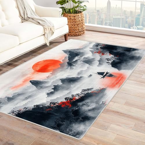 AMXBZC Teppich Wohnzimmer Schlafzimmer Kurzflor Tusche Landschaftsmalerei Waschbar Muster Weich rutschfest Moderne Deko, Kinderzimmer Esszimmer Foyer Küchenteppich(Rot 59)-210x270cm von AMXBZC