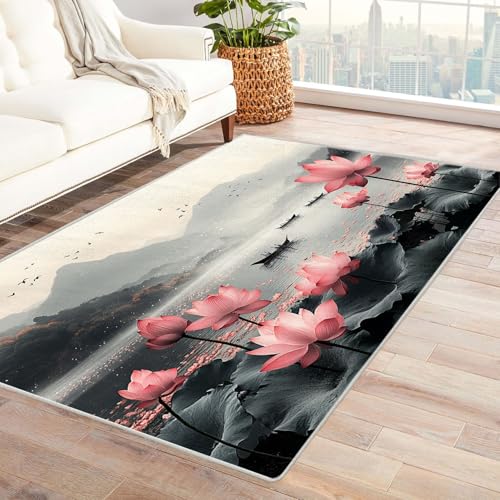 AMXBZC Teppich Wohnzimmer Schlafzimmer Kurzflor Vintage Bergblumen Waschbar Muster Weich rutschfest Moderne Deko, Kinderzimmer Esszimmer Foyer Küchenteppich(rosa)-240x300cm von AMXBZC