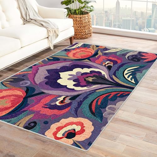 AMXBZC Teppich Wohnzimmer Schlafzimmer Kurzflor Vintage Blumen Abstrakter Teppich Skandinavisches Boho Muster,Geometrisch Motiv Einfarbig Weich Modern Waschbar Teppiche(lila)-60x90cm von AMXBZC