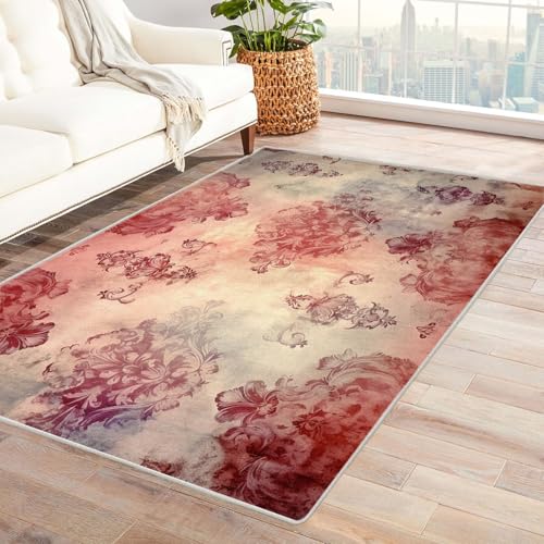 AMXBZC Teppich Wohnzimmer Schlafzimmer Kurzflor Vintage Blumen Abstrakter Teppich Skandinavisches Boho Muster,Geometrisch Motiv Einfarbig Weich Modern Waschbar Teppiche(rot)-60x90cm von AMXBZC