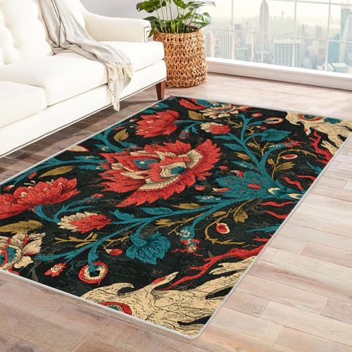 AMXBZC Teppich Wohnzimmer Schlafzimmer Kurzflor Vintage Blumen Abstrakter Teppich Skandinavisches Boho Muster,Geometrisch Motiv Einfarbig Weich Modern Waschbar Teppiche(rot)-60x90cm von AMXBZC