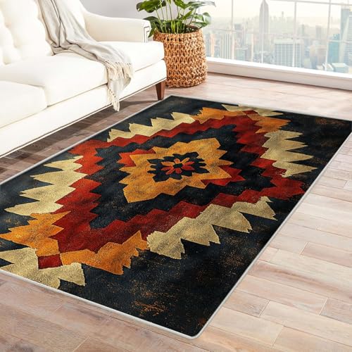 AMXBZC Teppich Wohnzimmer Schlafzimmer Kurzflor Vintage Blumenteppich Skandinavisches Boho Muster,Geometrisch Motiv Einfarbig Weich Modern Waschbar Teppiche(schwarz)-90x120cm von AMXBZC