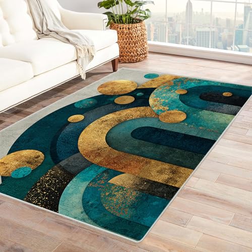 AMXBZC Teppich Wohnzimmer Schlafzimmer Kurzflor Vintage Goldener Teppich Waschbar Muster Weich rutschfest Moderne Deko, Kinderzimmer Esszimmer Foyer Küchenteppich(blau)-60x90cm von AMXBZC