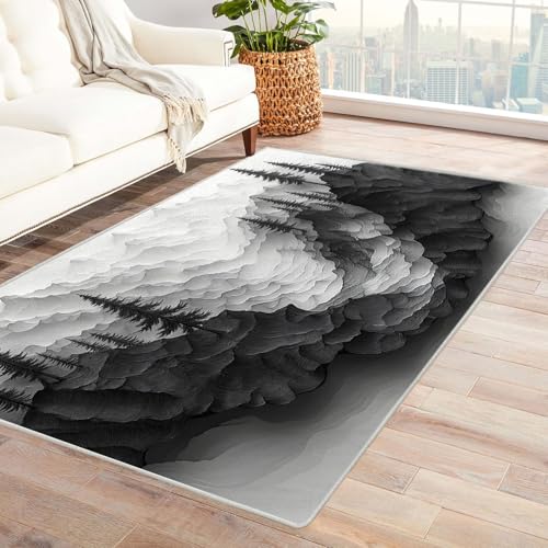 AMXBZC Teppich Wohnzimmer Schlafzimmer Kurzflor Vintage Mountain Tree Teppich Skandinavisches Boho Muster,Geometrisch Motiv Einfarbig Weich Modern Waschbar Teppiche(schwarz)-120x150cm von AMXBZC