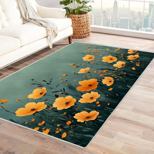 AMXBZC Teppich Wohnzimmer Schlafzimmer Kurzflor Vintage Natürlicher Blumenteppich Skandinavisches Boho Muster,Geometrisch Motiv Einfarbig Weich Modern Waschbar Teppiche(grün)-60x90cm von AMXBZC