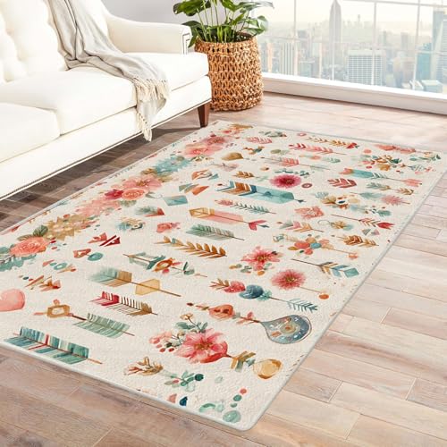 AMXBZC Teppich Wohnzimmer Schlafzimmer Kurzflor Vintage Natürlicher Blumenteppich Skandinavisches Boho Muster,Geometrisch Motiv Einfarbig Weich Modern Waschbar Teppiche(rosa)-60x90cm von AMXBZC