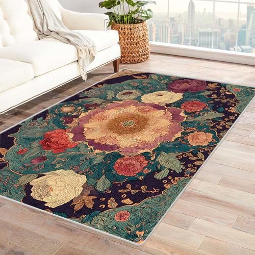 AMXBZC Teppich Wohnzimmer Schlafzimmer Kurzflor Vintage Natürlicher Blumenteppich Waschbar Muster Weich rutschfest Moderne Deko, Kinderzimmer Esszimmer Foyer Küchenteppich(lila)-240x300cm von AMXBZC