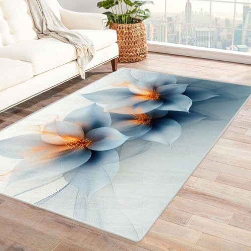 AMXBZC Teppich Wohnzimmer Schlafzimmer Kurzflor Vintage Teppich mit Blumenmuster in Blau Skandinavisches Boho Muster,Geometrisch Motiv Einfarbig Weich Modern Waschbar Teppiche(blau)-90x150cm von AMXBZC