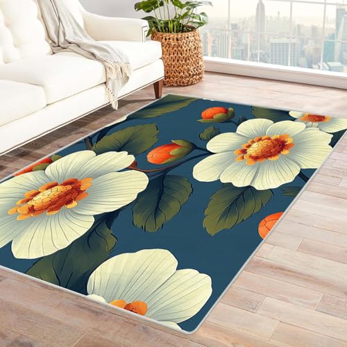 AMXBZC Teppich Wohnzimmer Schlafzimmer Kurzflor Wohnzimmer Natürlicher Blumenteppich Skandinavisches Boho Muster,Geometrisch Motiv Einfarbig Weich Modern Waschbar Teppiche(weiß)-60x90cm von AMXBZC