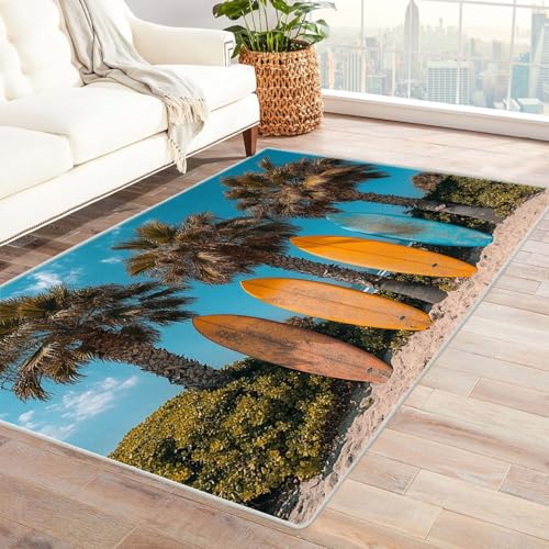 AMXBZC Teppich Wohnzimmer Tropische Strandlandschaft Schlafzimmer Vintage Kurzflor, Groß rutschfest Waschbar Weiche für Esszimmer Foyer Balkon Teppiche,pflegeleicht(grün)-90x120cm von AMXBZC