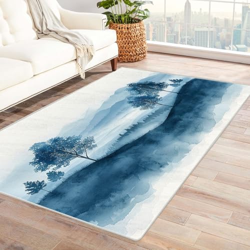 AMXBZC Teppich Wohnzimmer Vintage Baum Szenerie Schlafzimmer Vintage Kurzflor, Groß rutschfest Waschbar Weiche für Esszimmer Foyer Balkon Teppiche,pflegeleicht(blau)-180x270cm von AMXBZC