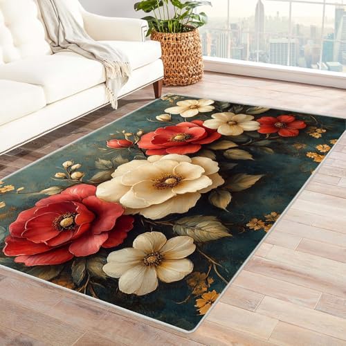 AMXBZC Teppich Wohnzimmer Vintage Blumenmuster Schlafzimmer Vintage Kurzflor, Groß rutschfest Waschbar Weiche für Esszimmer Foyer Balkon Teppiche,pflegeleicht(Beige 8)-240x300cm von AMXBZC