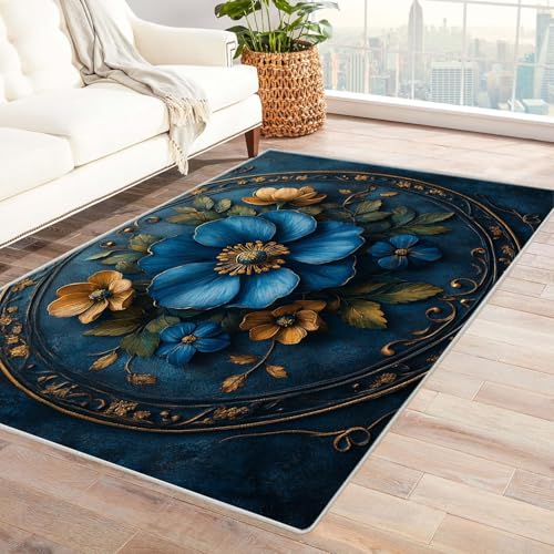 AMXBZC Teppich Wohnzimmer Vintage Blumenmuster Schlafzimmer Vintage Kurzflor, Groß rutschfest Waschbar Weiche für Esszimmer Foyer Balkon Teppiche,pflegeleicht(Blau 8)-60x90cm von AMXBZC