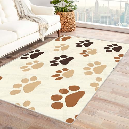AMXBZC Teppich Wohnzimmer Vintage Tier-Fußabdrücke Schlafzimmer Vintage Kurzflor, Groß rutschfest Waschbar Weiche für Esszimmer Foyer Balkon Teppiche,pflegeleicht(Beige)-210x270cm von AMXBZC