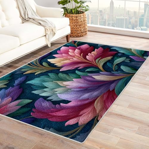 AMXBZC Waschbarer Modern Teppich Wohnzimmer Abstrakte Bunte Blumen Groß rutschfest Kurzflor Vintage Weich Teppiche, für Schlafzimmer Esszimmer Balkon Küchenteppich(lila)-210x270cm von AMXBZC