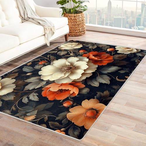 AMXBZC Waschbarer Modern Teppich Wohnzimmer Abstrakte Retro Blumen Groß rutschfest Kurzflor Vintage Weich Teppiche, für Schlafzimmer Esszimmer Balkon Küchenteppich(Rot 7)-180x270cm von AMXBZC