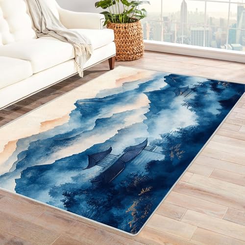 AMXBZC Waschbarer Modern Teppich Wohnzimmer Abstrakte Tinte Berglandschaft Groß rutschfest Kurzflor Vintage Weich Teppiche, für Schlafzimmer Esszimmer Balkon Küchenteppich(Blau 47)-90x150cm von AMXBZC