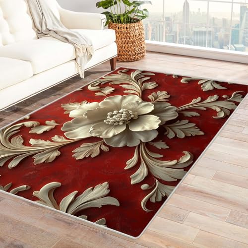 AMXBZC Waschbarer Modern Teppich Wohnzimmer Abstrakter Blumenteppich Groß rutschfest Kurzflor Vintage Weich Teppiche, für Schlafzimmer Esszimmer Balkon Küchenteppich(Rot 7)-210x300cm von AMXBZC