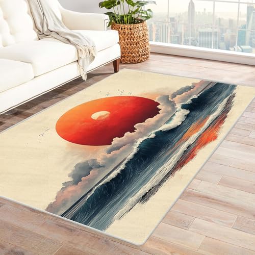 AMXBZC Waschbarer Modern Teppich Wohnzimmer Abstrakter Sonnenuntergang am Meer Groß rutschfest Kurzflor Vintage Weich Teppiche, für Schlafzimmer Esszimmer Balkon Küchenteppich(Beige)-210x300cm von AMXBZC