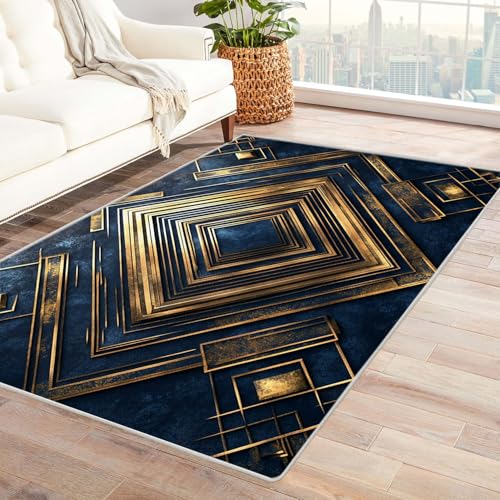 AMXBZC Waschbarer Modern Teppich Wohnzimmer Abstrakter geometrischer Teppich Groß rutschfest Kurzflor Vintage Weich Teppiche, für Schlafzimmer Esszimmer Balkon Küchenteppich(blau)-60x90cm von AMXBZC